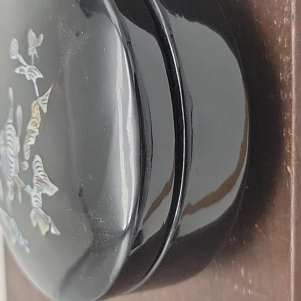 Vtg Black Lacquer Box Lid Mother of Pearl Inlaid Bird Butterfly Trinket Jewelry